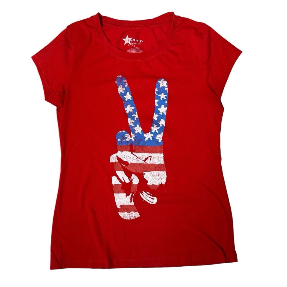 Hybrid Apparel Patriotic Peace Hand Sign American Flag USA Tee Sz L